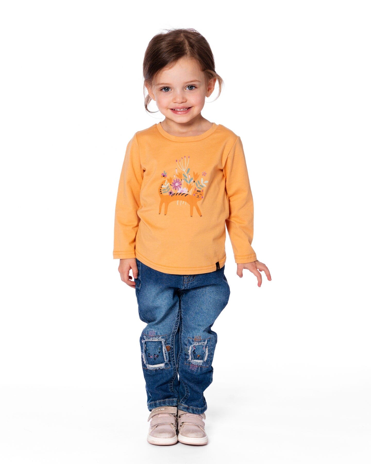 T-shirt en coton biologique jaune doré avec chat