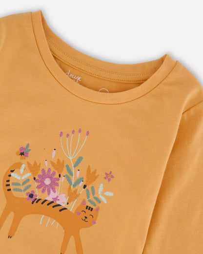 T-shirt en coton biologique jaune doré avec chat