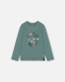 Organic Cotton T-Shirt Sage With Cat
