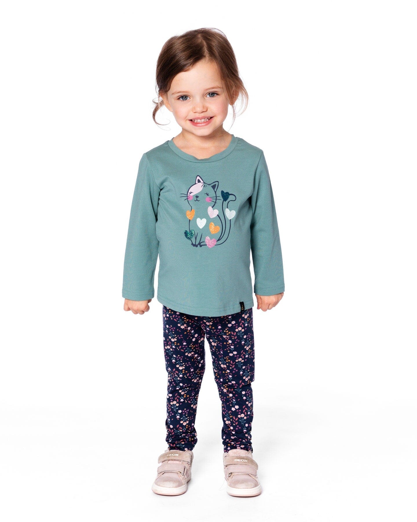 T-shirt en coton biologique vert sauge avec chat