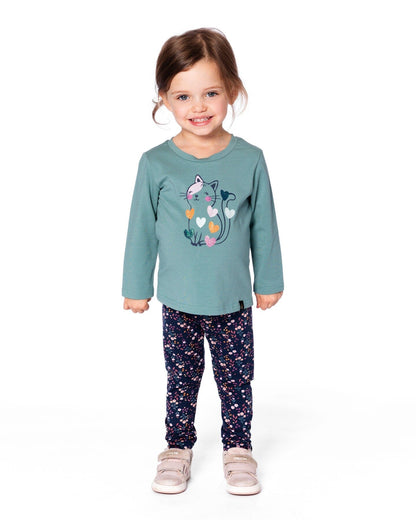 T-shirt en coton biologique vert sauge avec chat