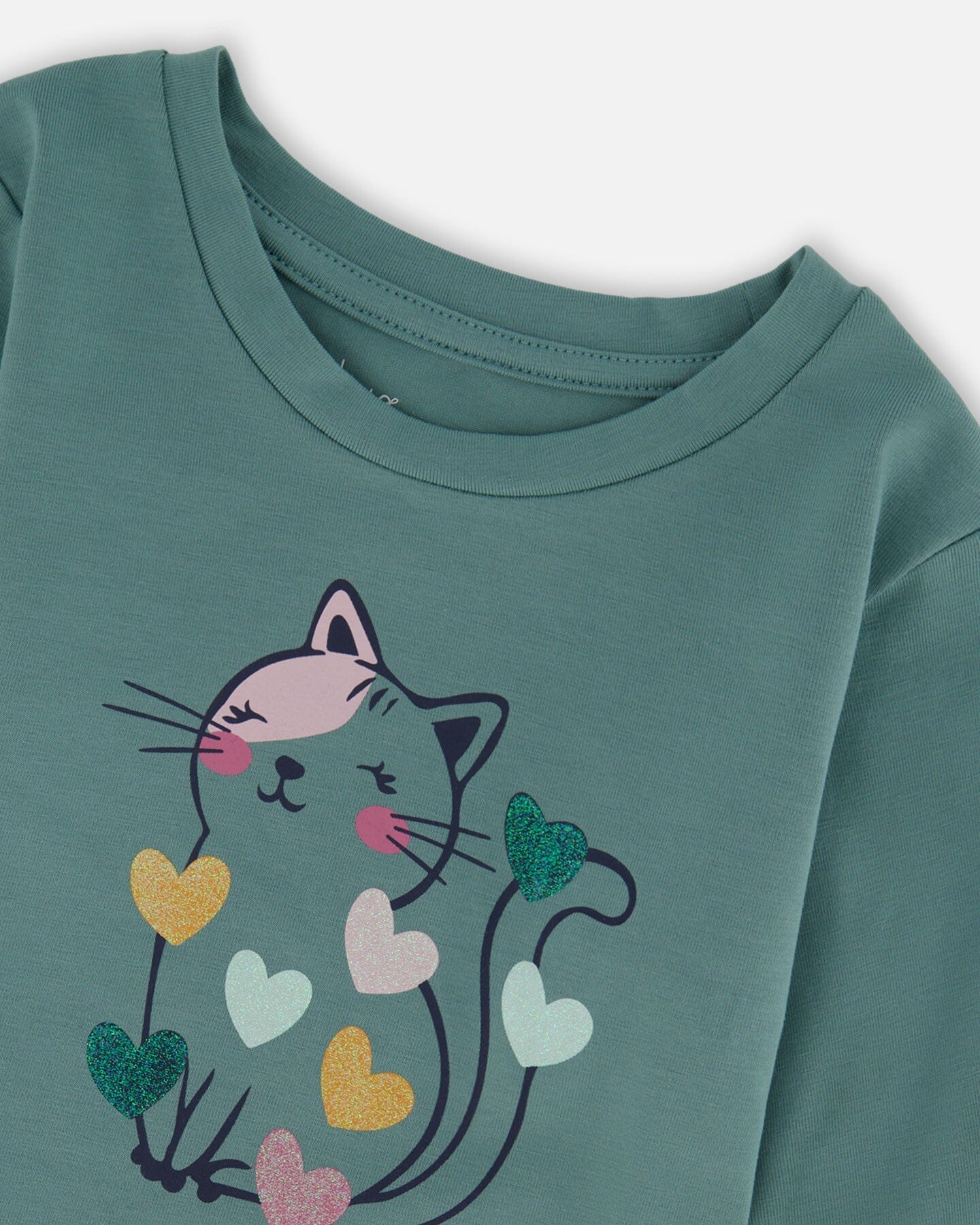T-shirt en coton biologique vert sauge avec chat
