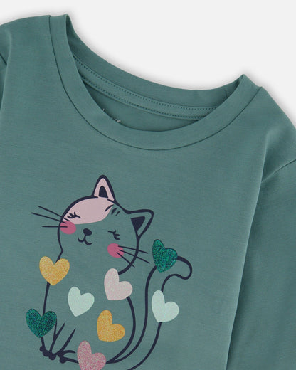 T-shirt en coton biologique vert sauge avec chat