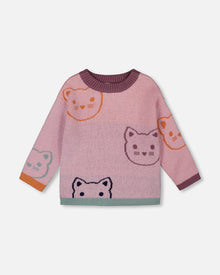 Pull en maille jacquard rose poudré à chats