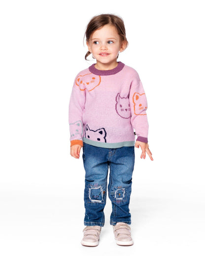 Pull en maille jacquard rose poudré à chats