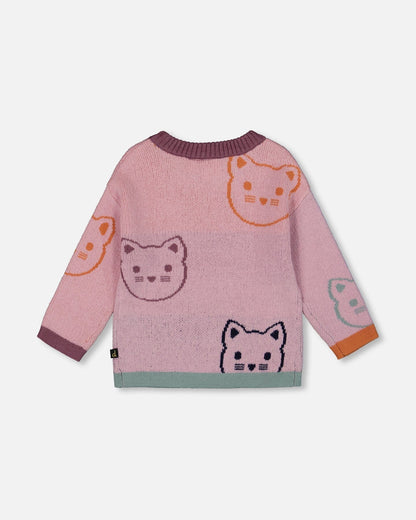 Pull en maille jacquard rose poudré à chats