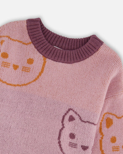 Pull en maille jacquard rose poudré à chats