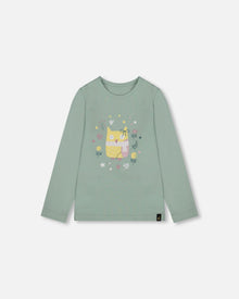 Haut en jersey de coton biologique vert jade avec hibou
