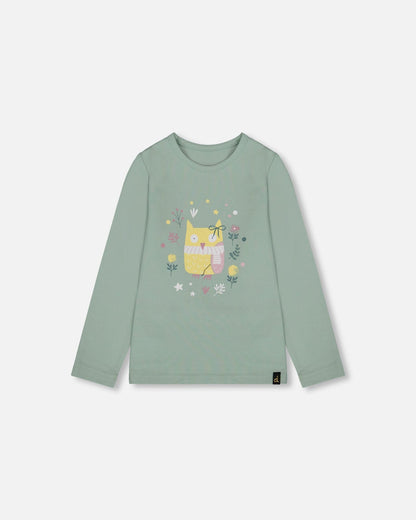 Haut en jersey de coton biologique vert jade avec hibou