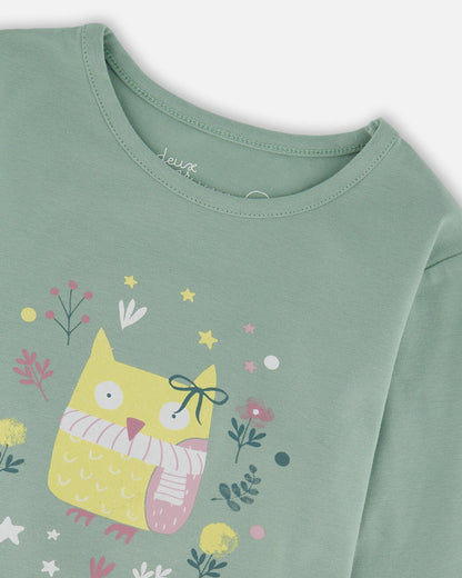 Haut en jersey de coton biologique vert jade avec hibou