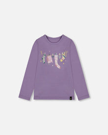 Haut en jersey de coton bio gris-violet avec hibou