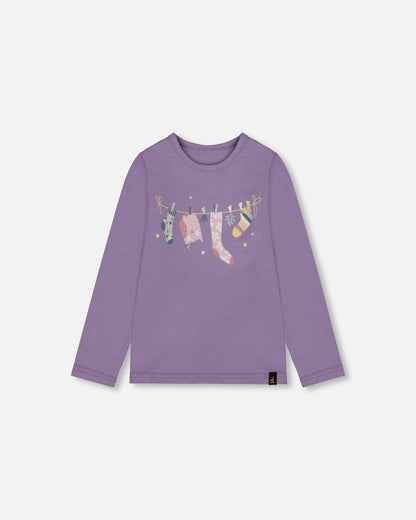 Haut en jersey de coton bio gris-violet avec hibou