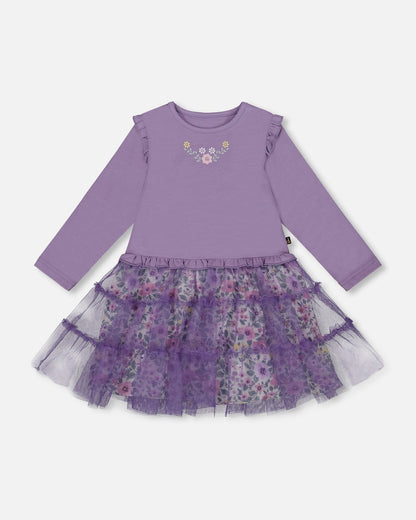 Bi-Material Dress With Muslin And Mesh Skirt Purple Gray