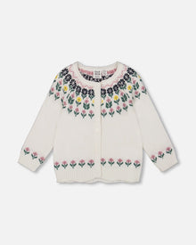 Cardigan en maille jacquard écru à motif floral