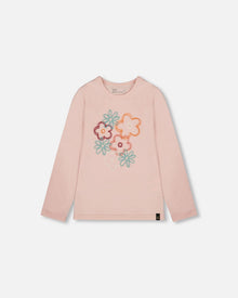 T-shirt manches longues en coton biologique rose clair à grandes fleurs