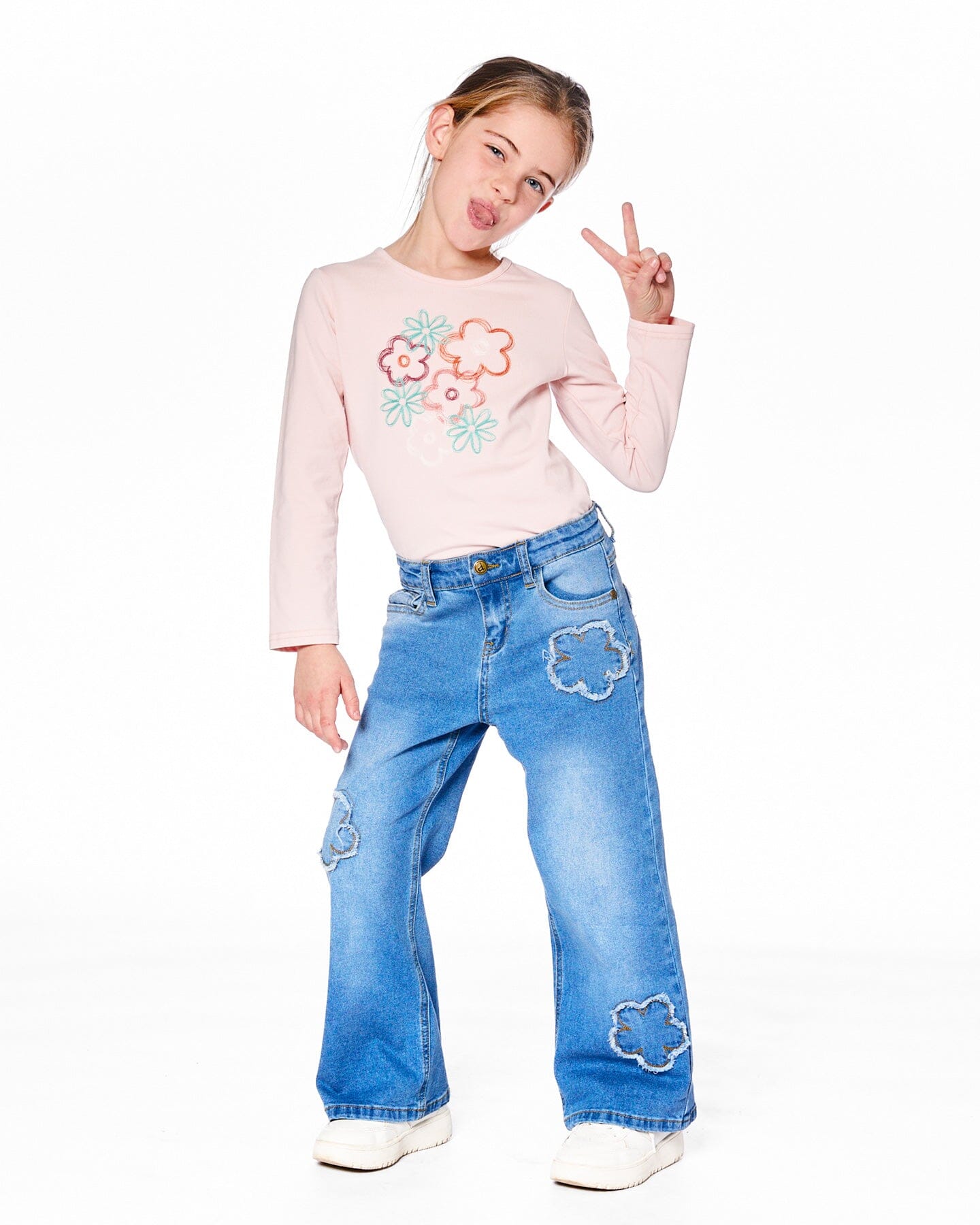 T-shirt manches longues en coton biologique rose clair à grandes fleurs