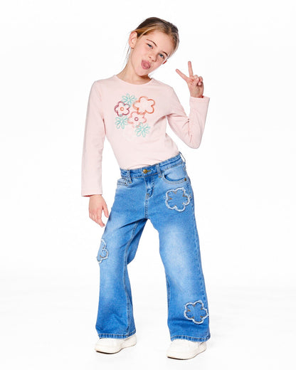 T-shirt manches longues en coton biologique rose clair à grandes fleurs