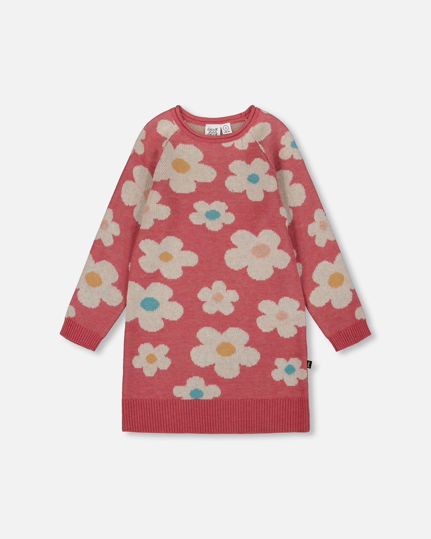 Robe Tricotée Jacquard Fleuri Vieux Rose et Beige