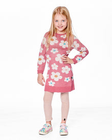 Robe Tricotée Jacquard Fleuri Vieux Rose et Beige