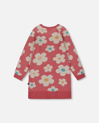 Robe Tricotée Jacquard Fleuri Vieux Rose et Beige