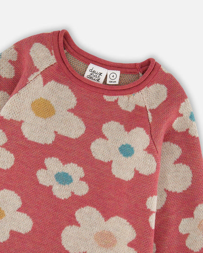 Robe Tricotée Jacquard Fleuri Vieux Rose et Beige