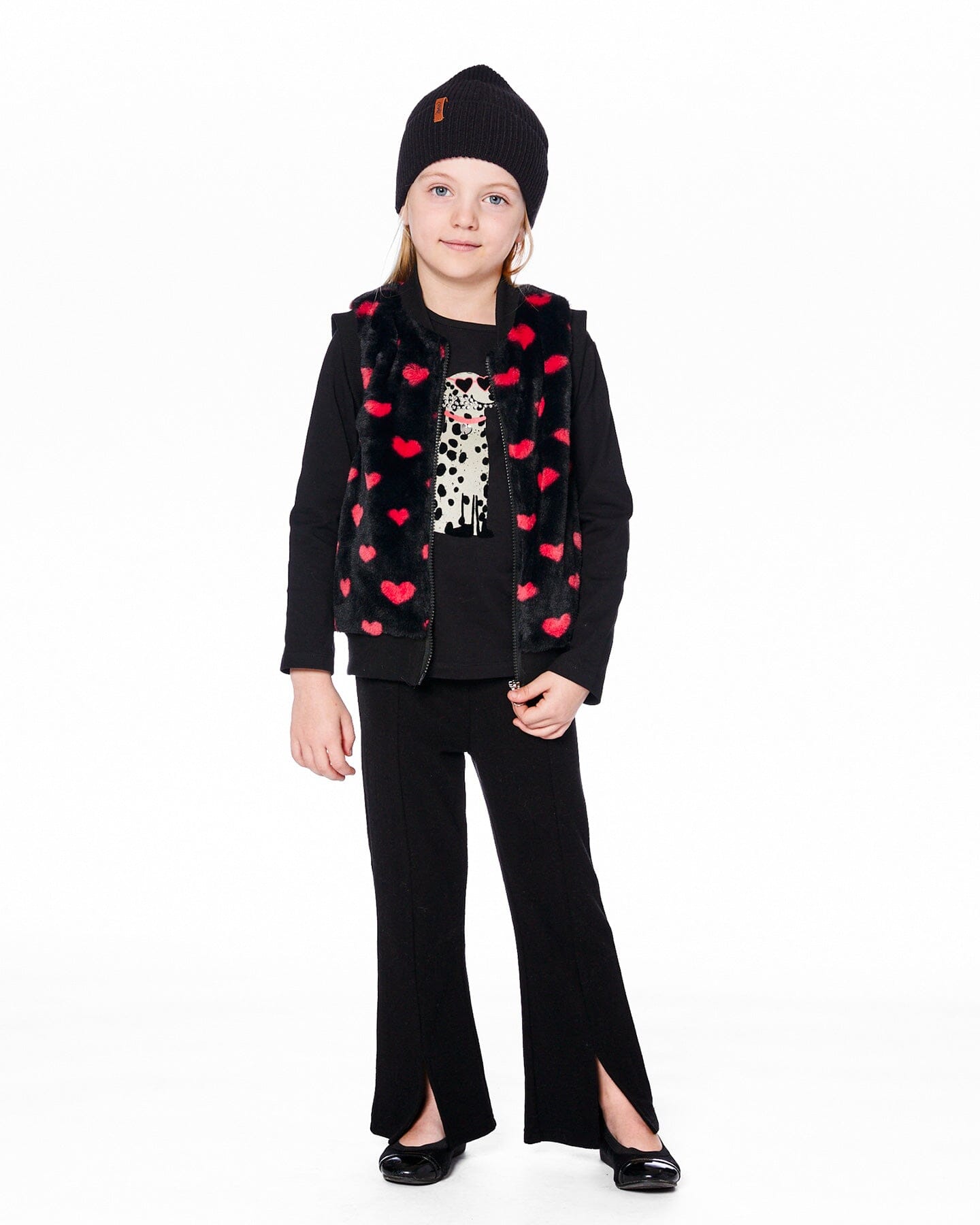 Faux Fur Sleeveless Vest Black And Red With Hearts