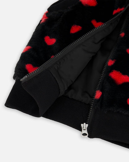 Faux Fur Sleeveless Vest Black And Red With Hearts