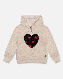 Sweat à Capuche Molletonné Beige Scintillant avec Applique Cœur