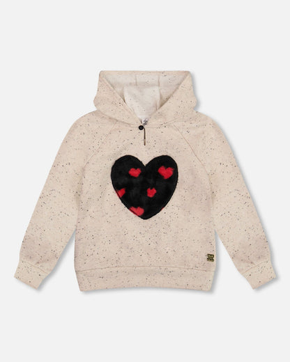 Sweat à Capuche Molletonné Beige Scintillant avec Applique Cœur