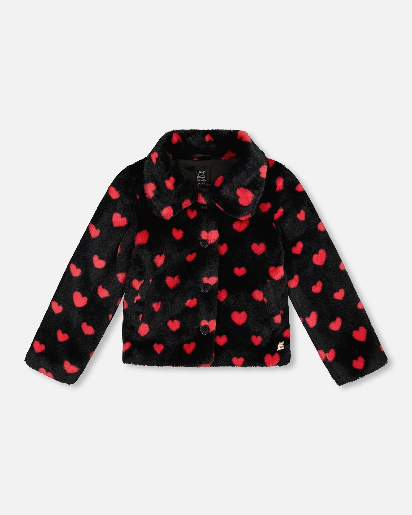 Manteau court en fausse fourrure noir et rouge à cœurs