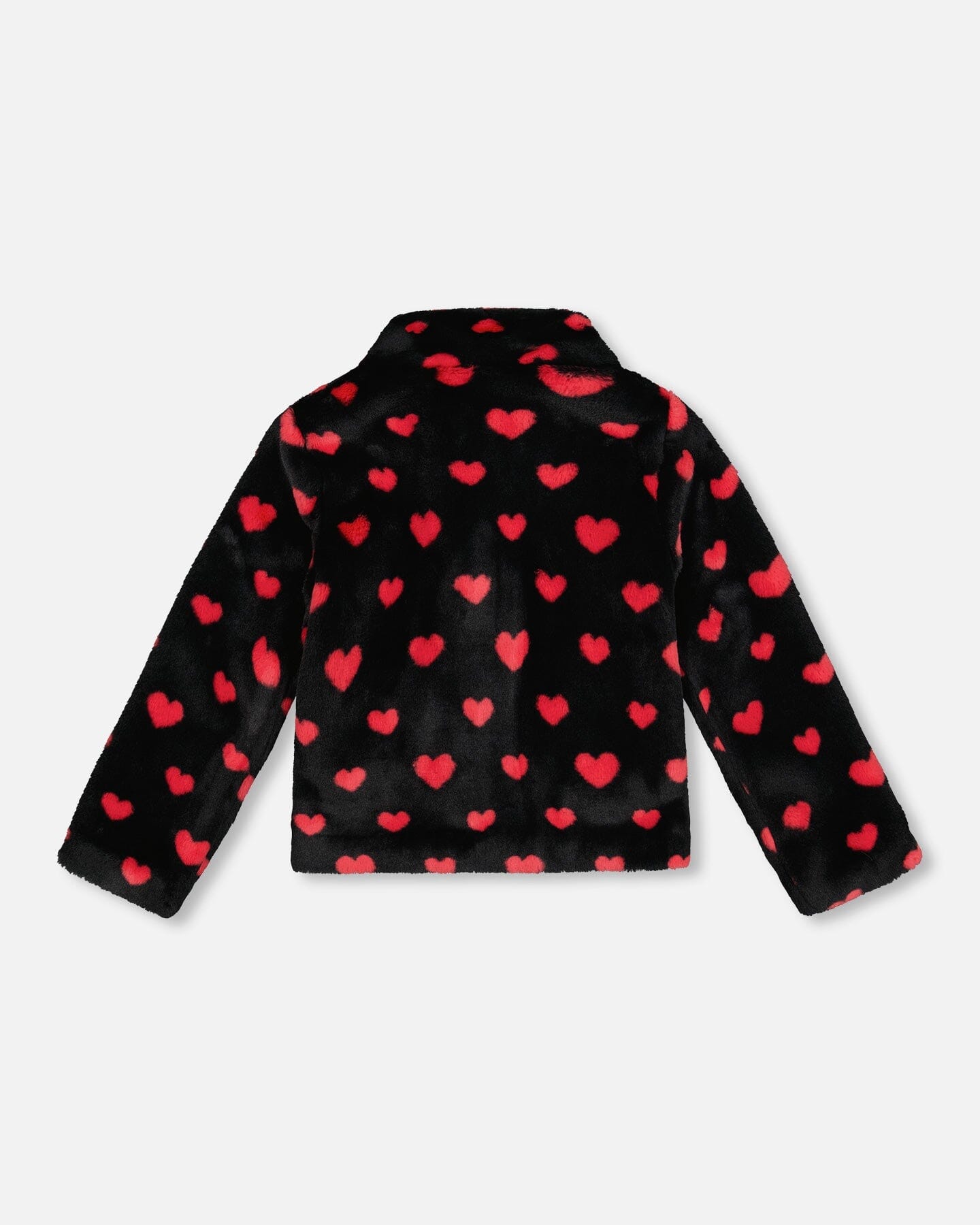 Manteau court en fausse fourrure noir et rouge à cœurs