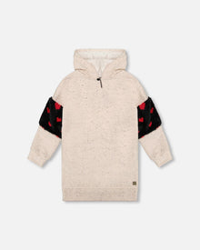 Robe à Capuche en Molleton Pailleté Beige avec Sac Cœur