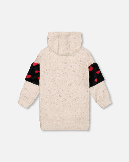 Robe à Capuche en Molleton Pailleté Beige avec Sac Cœur