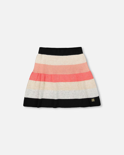 Jupe en tricot rayée beige, noire et rose