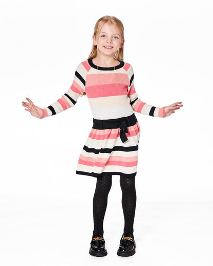 Robe en maille rayée beige, noire et rose