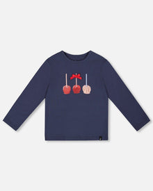 T-Shirt en Coton Biologique Bleu Marine Avec des Friandises aux Pommes