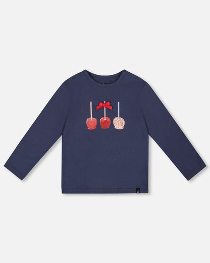 T-Shirt en Coton Biologique Bleu Marine Avec des Friandises aux Pommes