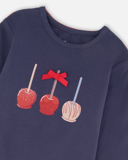 T-Shirt en Coton Biologique Bleu Marine Avec des Friandises aux Pommes