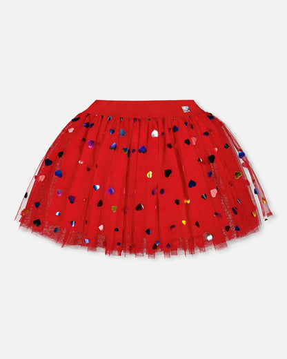 Jupe en Tulle Rouge avec Confettis Cœurs Irisés