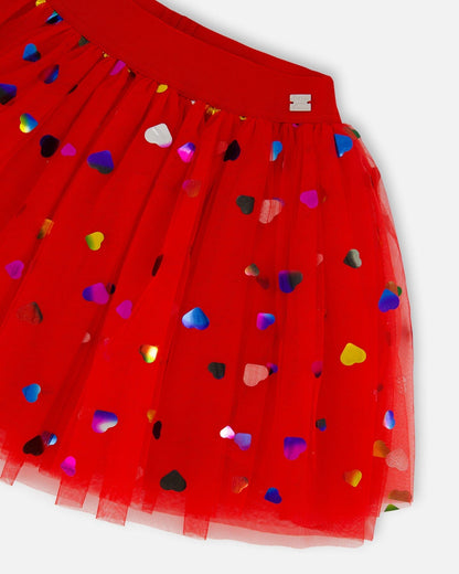 Jupe en Tulle Rouge avec Confettis Cœurs Irisés