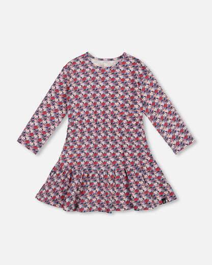 Robe en coton biologique à volants imprimé pommes bleues