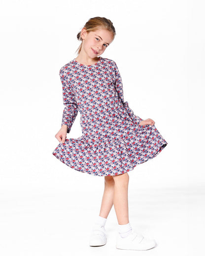 Robe en coton biologique à volants imprimé pommes bleues
