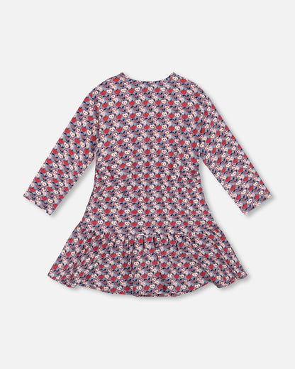 Robe en coton biologique à volants imprimé pommes bleues