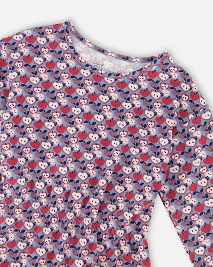 Robe en coton biologique à volants imprimé pommes bleues