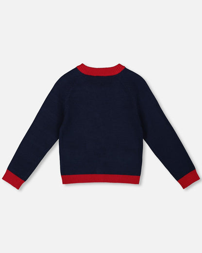 Knitted Cardigan Navy Blue With Red Embroidered Hearts