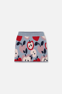 Jupe en maille bleue et rouge avec jacquard cœur et pomme