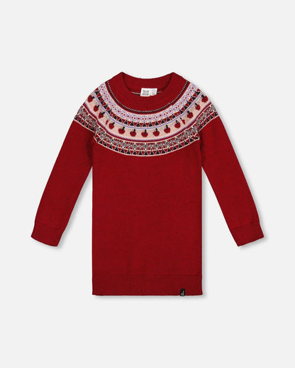 Robe en maille rouge avec empiècement jacquard pomme