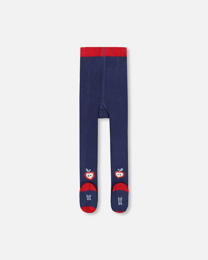 Collant tricoté bleu marine à motif pommes