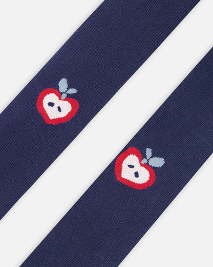 Collant tricoté bleu marine à motif pommes