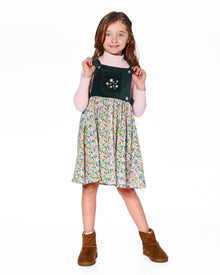 Robe salopette bi-matière verte à imprimé fleuri